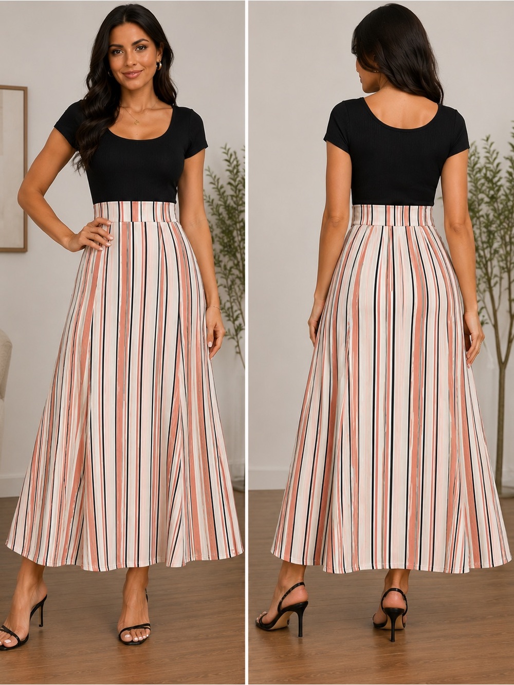 High-Waisted Striped Butterfly Maxi Skirt